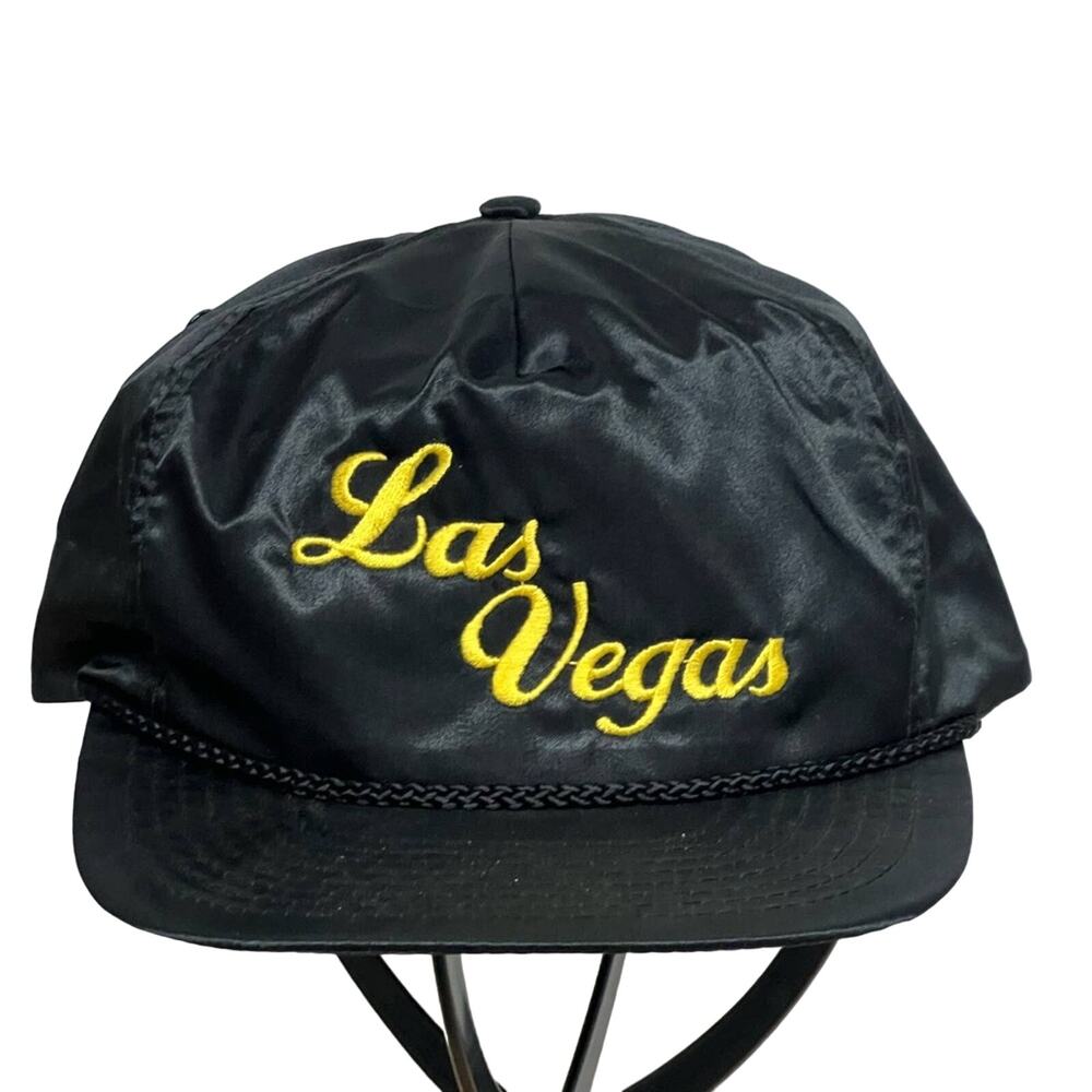 VINTAGE Las Vegas Hat Cap Strap Back Black Satin Shinny Rope Royal Pacific Mens